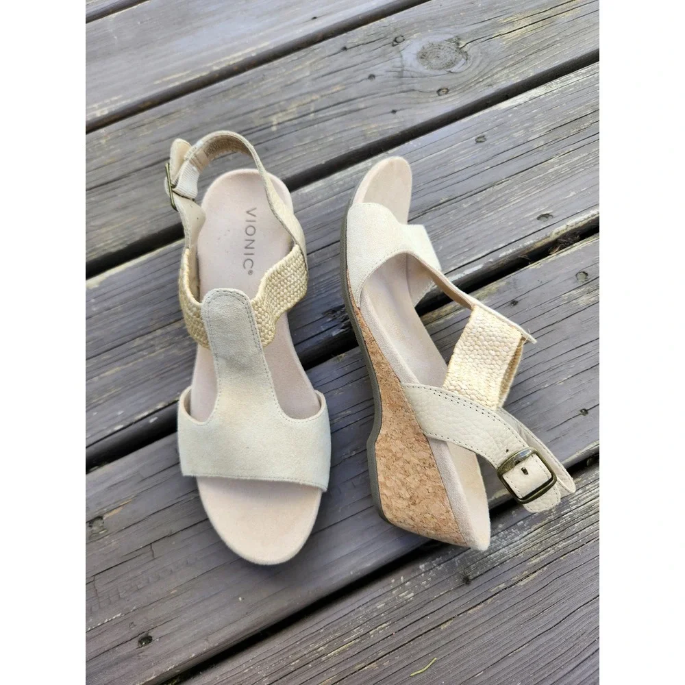 Vionic Kaytie Wedge Sandals Cream Leather Raffia Cork Slingback 8.5